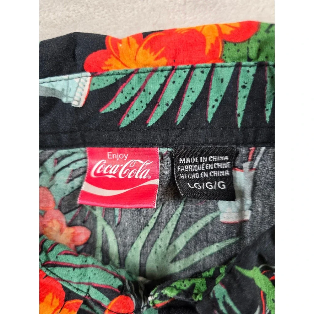Coca-Cola Camp Shirt Mens Large Black Tropical Aloha Floral Button Vintage